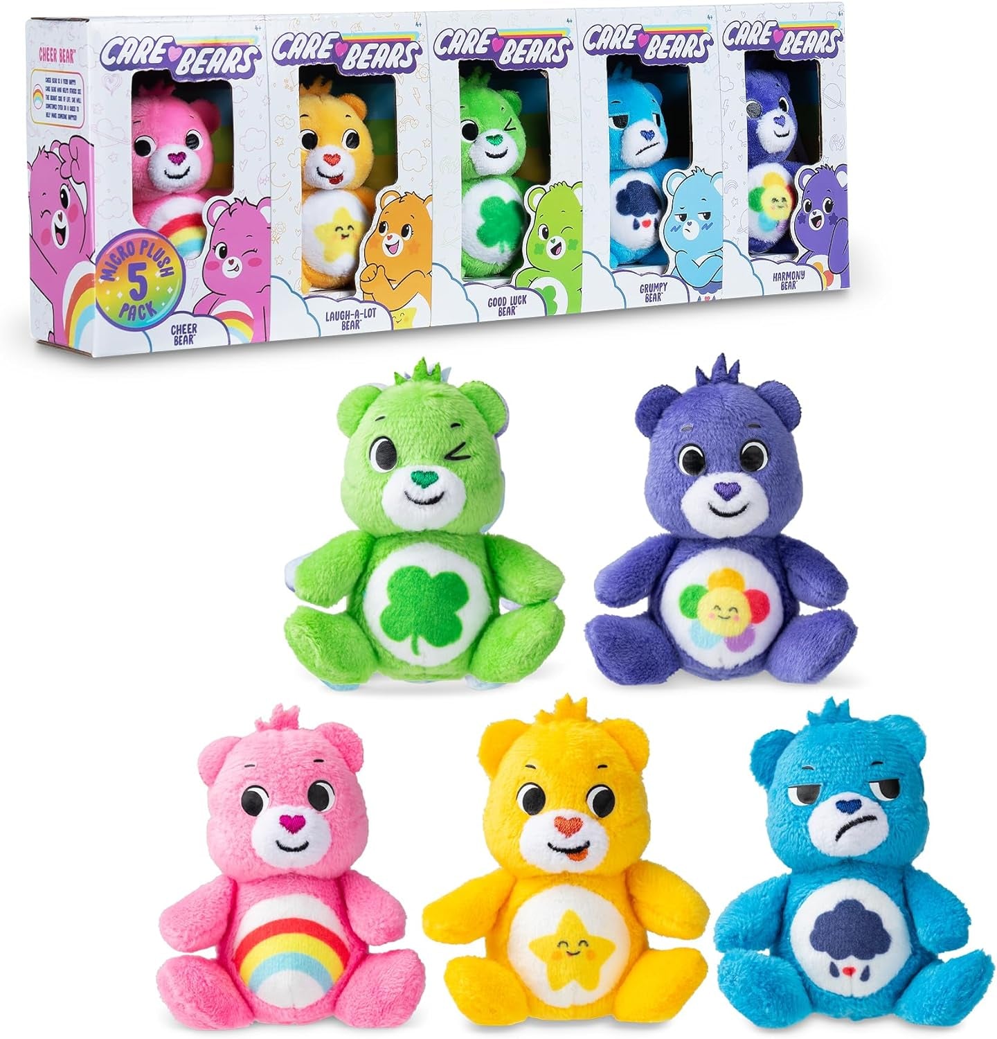 Care Bears 3" Micro Plush 5-Pack Treasure Box - Cheer, Laugh A-Lot, Good Luck, Grumpy and Harmony Bear — Miniature Plush Figure, Suffed Animal, Toy Mini Soft Figure for Kids, Girls and Boys Ages 4+