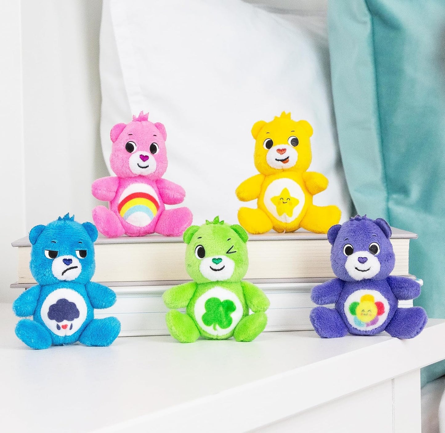 Care Bears 3" Micro Plush 5-Pack Treasure Box - Cheer, Laugh A-Lot, Good Luck, Grumpy and Harmony Bear — Miniature Plush Figure, Suffed Animal, Toy Mini Soft Figure for Kids, Girls and Boys Ages 4+