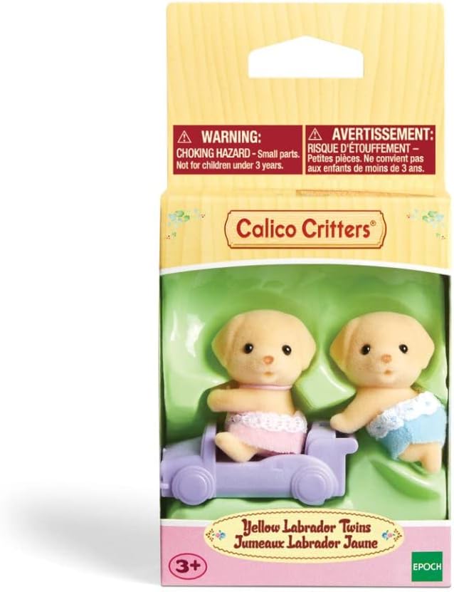 Calico Critters Yellow Labrador Twins, Set of 2 collectible Doll Figures with Pushcart Accessory