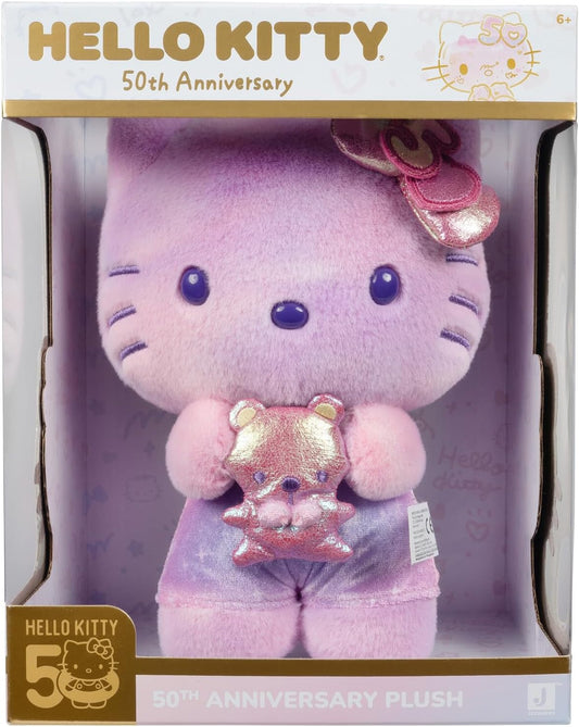 Hello Kitty and Friends, 50th Anniversary 8-inch Hello Kitty Plush with 50th Anniversary Teddy Bear - 5 Decades of Friendship - Officially Licensed Sanrio Product from Jazwares