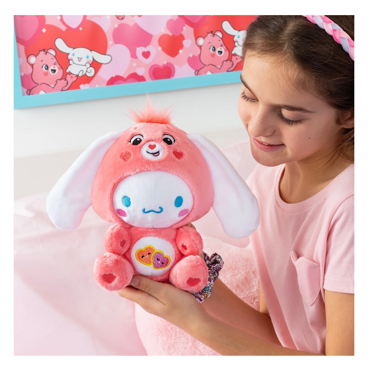 Cinnamoroll Dressed As Love-a-Lot Bear 9" Fun-Size Care Bears Plush - Soft, Huggable Bestie!