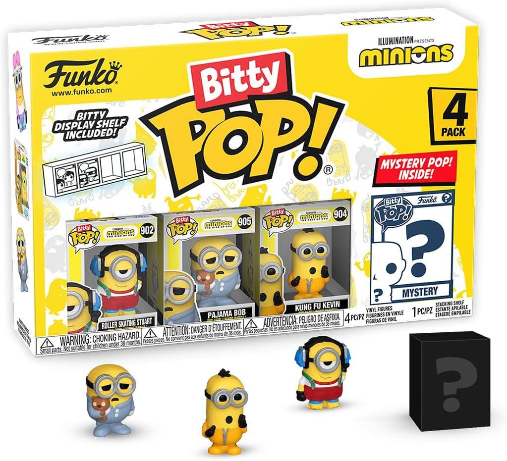 Funko Bitty Pop!: Minions Mini Collectible Toys 4-Pack - Roller Skating Stuart, Pajama Bob, Kung Fu Kevin, & Mystery Chase Figure (Styles May Vary)